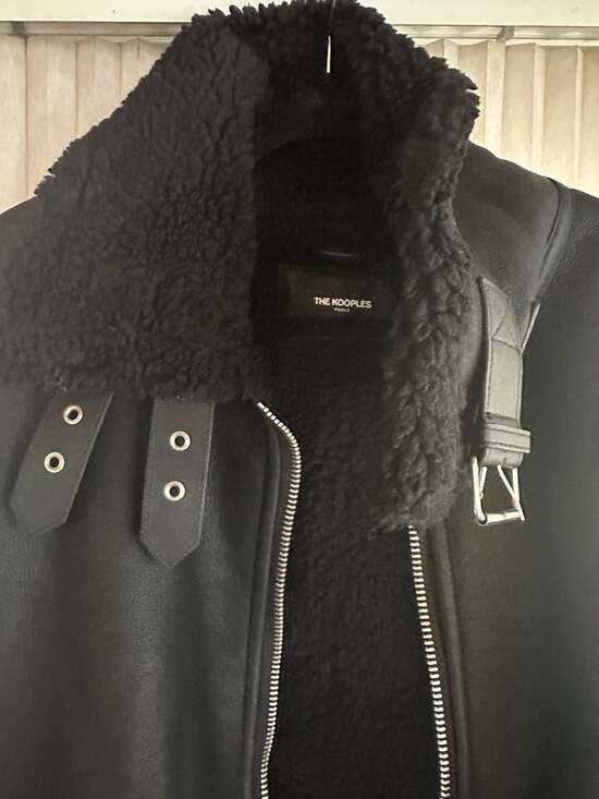 The Kooples Black Vegan Leather and Shearling Aviator Bomber Jacket - Picture 2 of 7